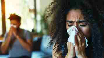 Photo woman and a man in the background are both blowing their noses into tissues