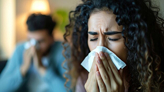 Photo woman and a man in the background are both blowing their noses into tissues