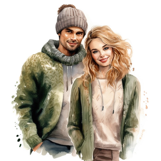 woman and man couple in cozy autumn wool sweater beige