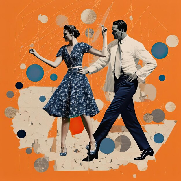 a woman and man dance on a blue background in the style of quirky collage