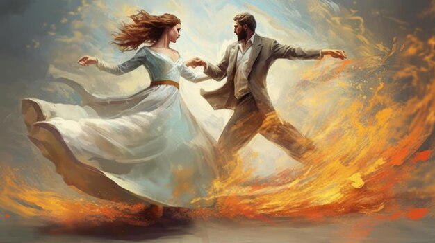 A woman and man dancing in a fire