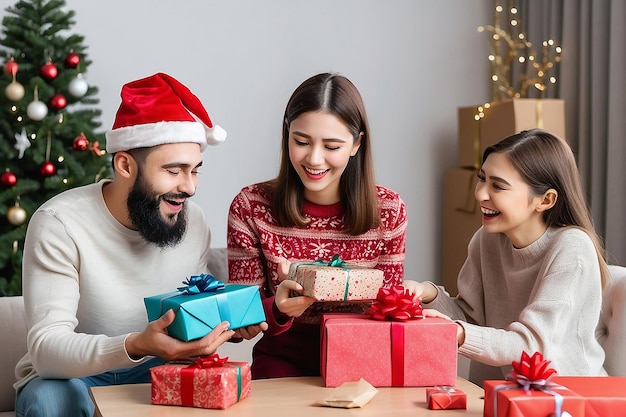 남자 와 여자 가 선물 을 교환 하고, 부부 가 서로 선물 을 주고, 휴일 에 놀라움 을 주고