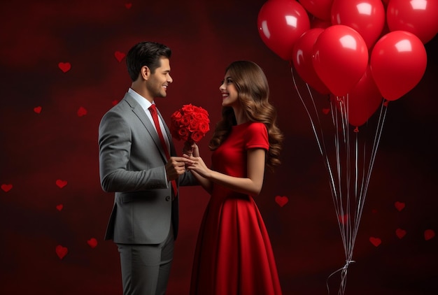 Woman and man giving valentines day romantic bouquet with balloons