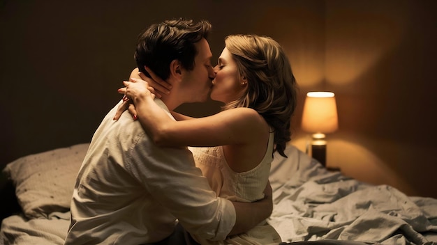 Woman and man kissing and embracing on bed in dark room