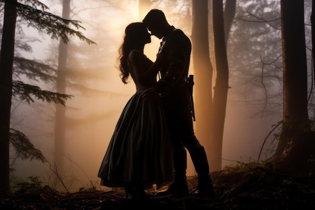 Женщина и мужчина целуются в лесу