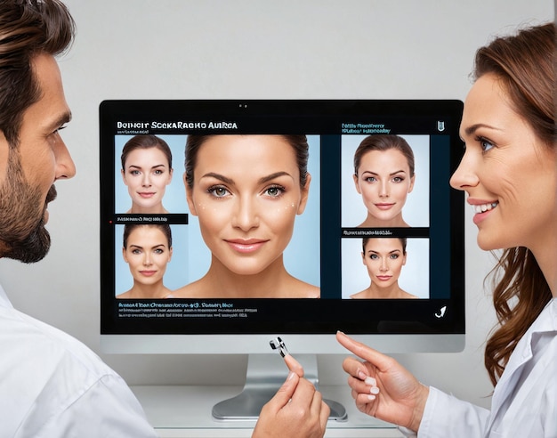 a woman and man looking at a computer screen