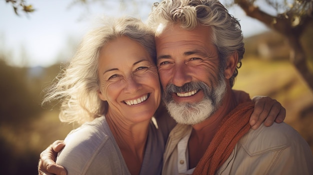 woman man outdoor senior couple happy lifestyle retirement together smiling love old nature mature Copy space for text