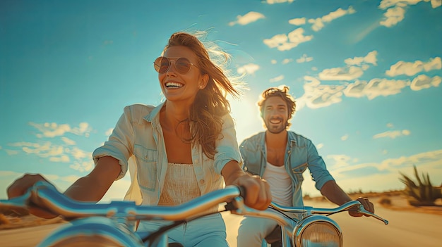 Woman and man riding bicycles on a sunny day