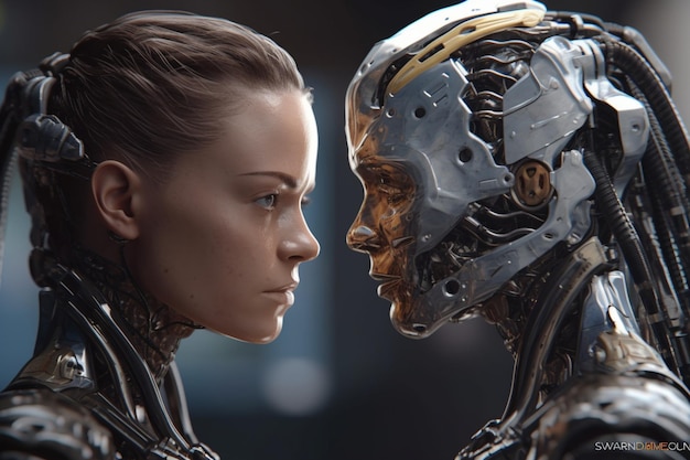 A woman and a man in a robot suit look at each other.