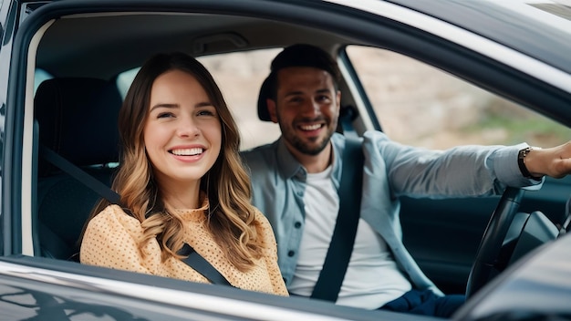 Photo a woman and a man sitting in a car happily