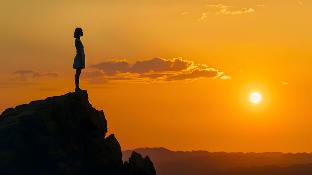 Photo woman or man standing on rock looking straight nature and beauty concept orange sund generative ai