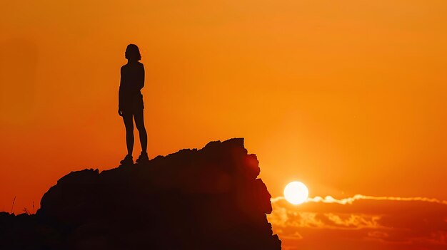 Photo woman or man standing on rock looking straight nature and beauty concept orange sund generative ai