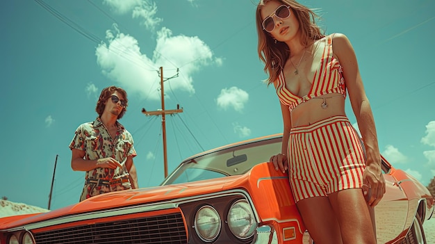 Photo a woman and a man in summer clothes near a vintage car