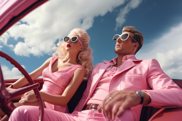 A woman and a man wearing Barbie and Ken costume