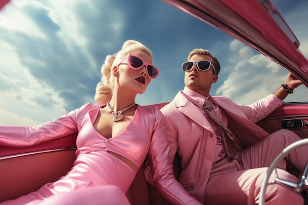 A woman and a man wearing barbie and ken costume