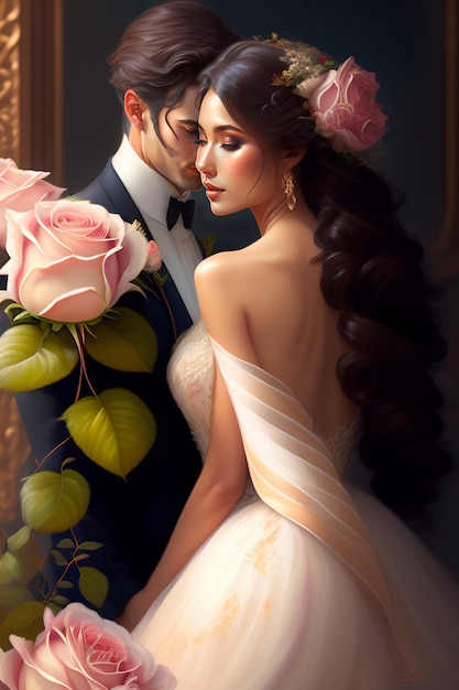 Женщина и мужчина в свадебном платье стоят перед зеркалом.