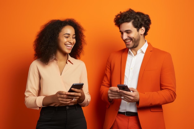 Woman and man with phone on orange background