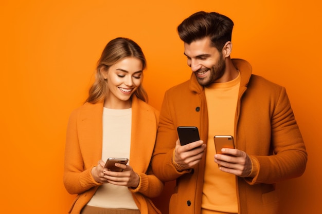 woman and man with phone on orange background