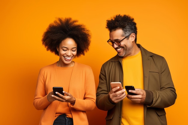 woman and man with phone on orange background