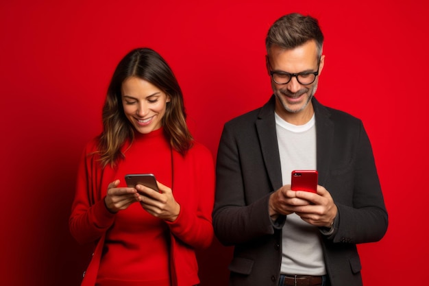 Woman and man with phone on red background