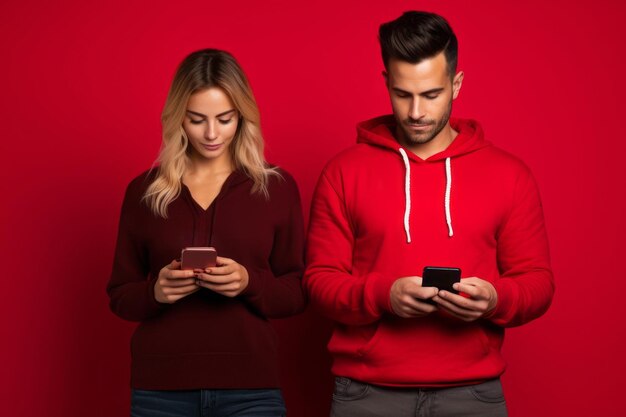 Woman and man with phone on red background