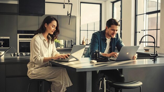 Photo woman and man working in laptop at home in modern kitchen