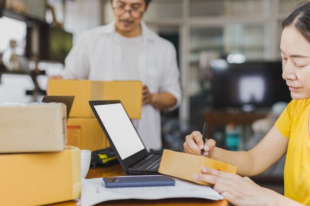 Woman and man working together in the office