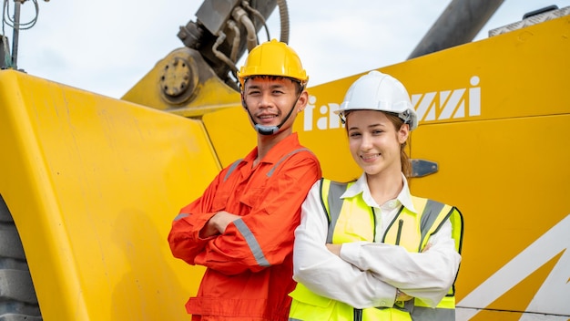 Woman manager and forman smile at side of cargo forklift in\
warehouse manager use tablet in white helmet safety supervisor in\
container custom terminal port concept import export