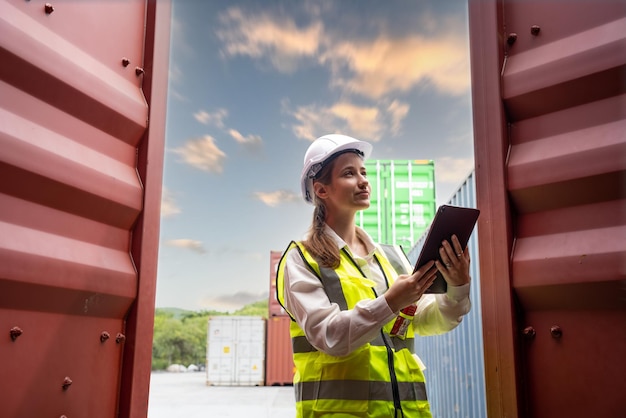 Woman manager using tablet for checking code of cargo container\
before import exprot concept logistics transportation shipping lady\
foreman checking cargo in warehouse terminal container port