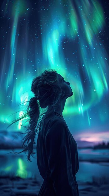 Woman marveling at aurora borealis in night sky Travel inspiration outdoor apparel environmental awa