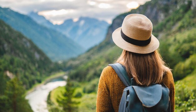 Фото woman marvels at majestic mountains and lush forest finding serenity on a vacation retreat