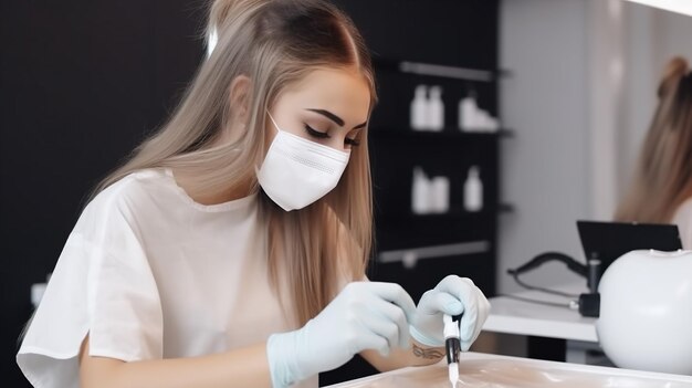 A woman in a mask and gloves works on a piece of paper in a laboratory.