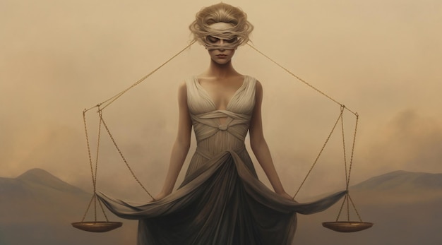 A woman in a mask holds scales of justice.