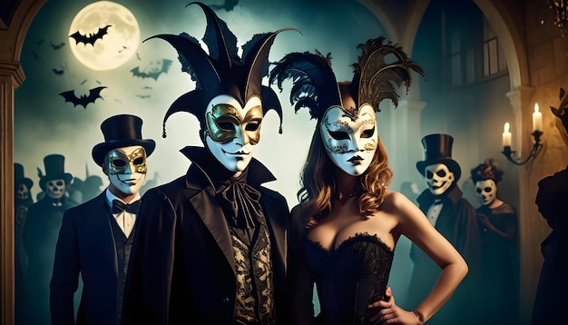 Photo a woman in a mask and a man in a mask with a woman in a mask