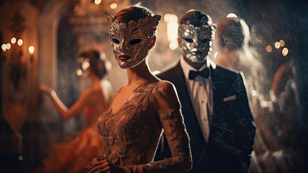 a woman in a mask stands in front of a crowd of people.