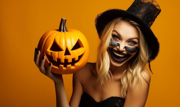 Photo woman in mask with halloween pumpkin on a yellow background