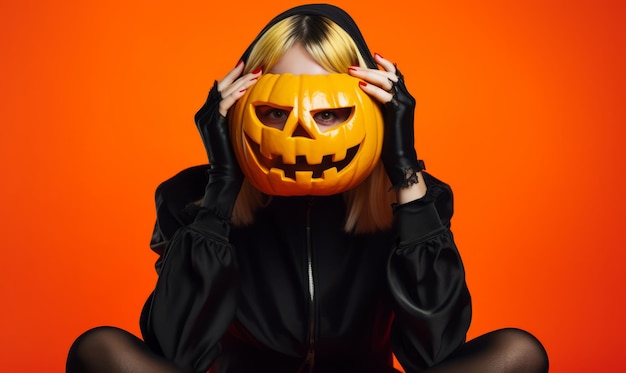 woman in mask with halloween pumpkin on a yellow background