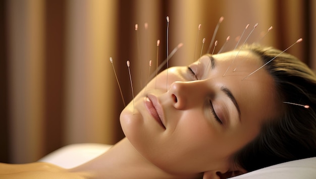 Photo woman at the massage table with acupuncture needles on her face