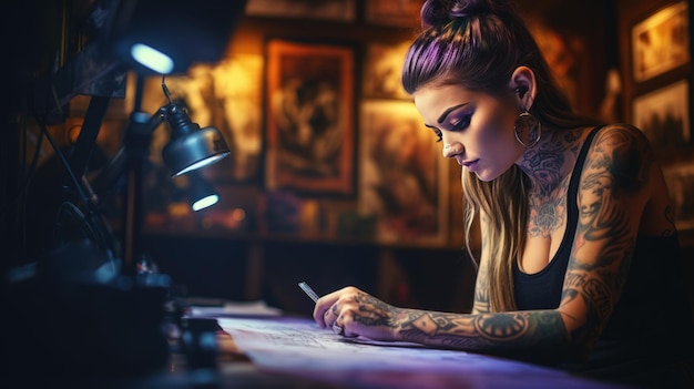 写真 タトゥー屋の女性マスターが将来のタトゥーのスケッチを作ります