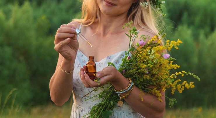 Photo woman in a meadow with medicinal herbs selective focus