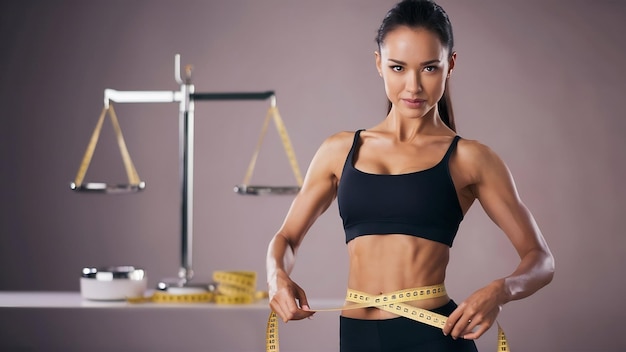 Woman measuring her waistline perfect slim body