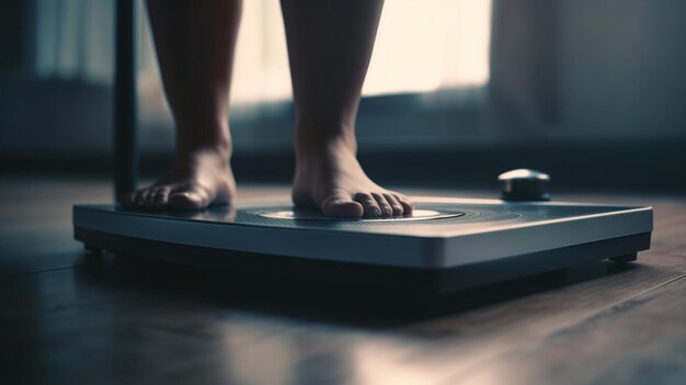 Photo woman measuring her weight using scales generative ai