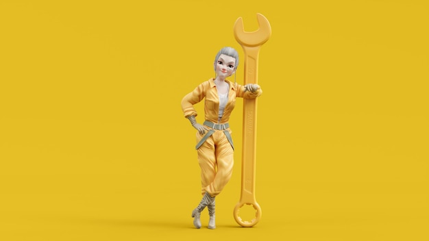 Meccanico donna che indossa giallo appoggiato alla chiave gialla. volto sorridente e sicuro di sé. personaggio dei cartoni animati, concetto di idea minima, rendering 3d.