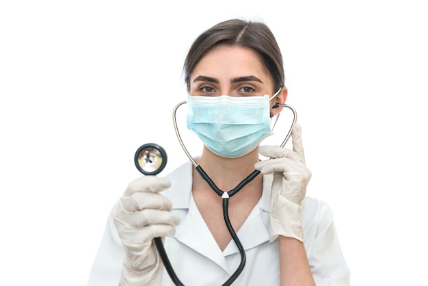 Woman in medical form isolated on white