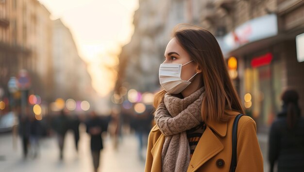 夕暮れの時に市内を歩く医療マスクを着た女性