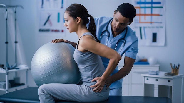 Woman in the medical office physiotherapist is rehabilitating back