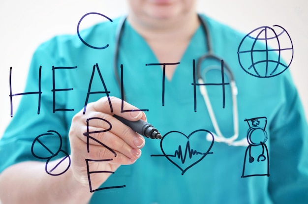 Photo a woman in a medical uniform and the inscription on the glass health care