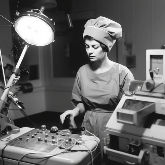 A woman in a medical uniform is working on a device with a light on.