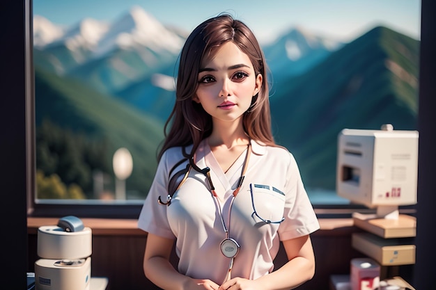 A woman in a medical uniform stands in front of a mountain