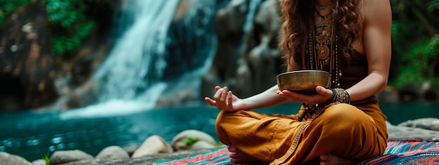 A woman meditates against the backdrop of a waterfall Selective focus